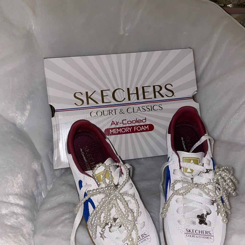 Skechers White and Blue Sneakers with Pearl Accents